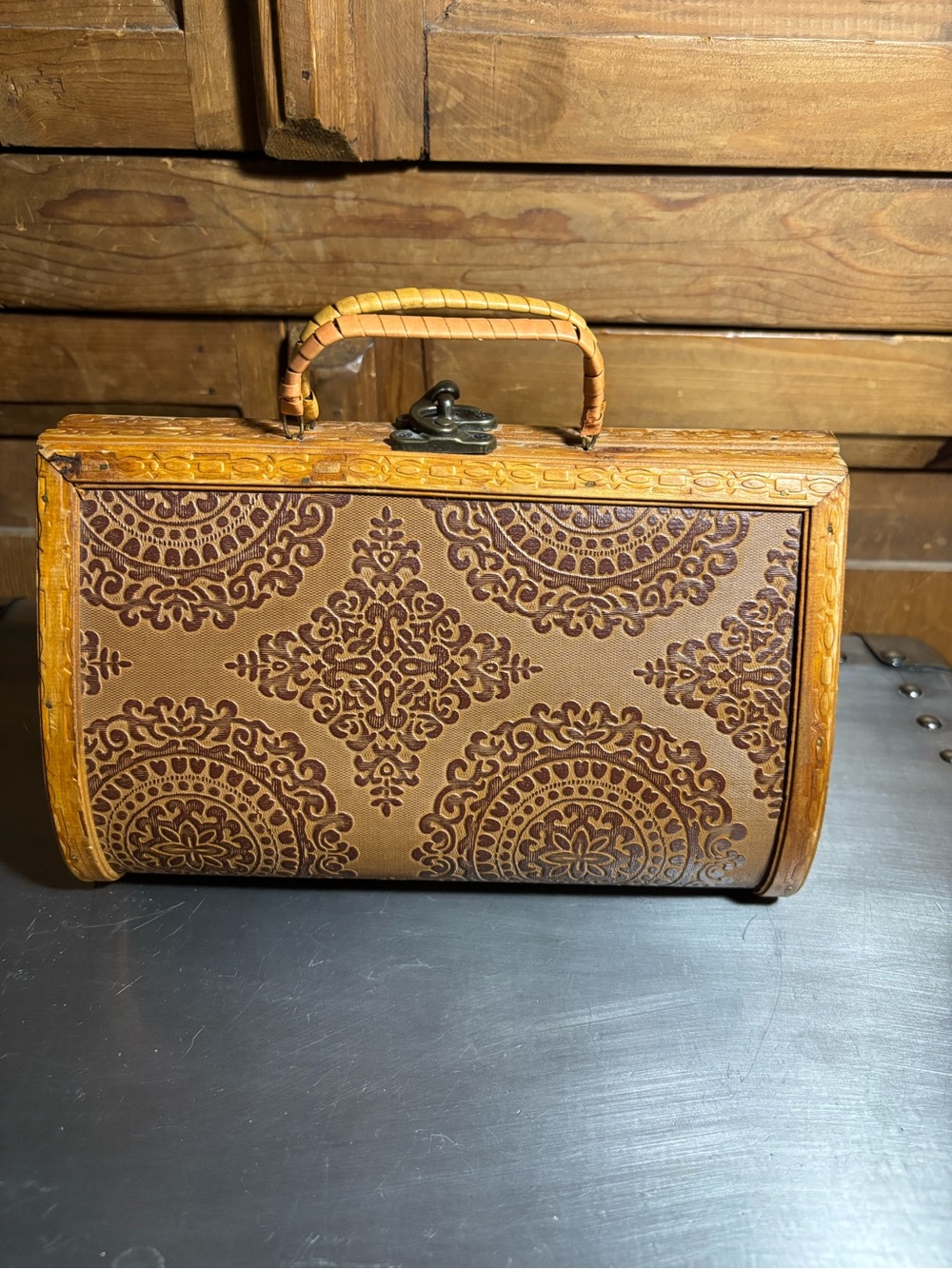 Vintage Brown Wooden Embossed Handbag